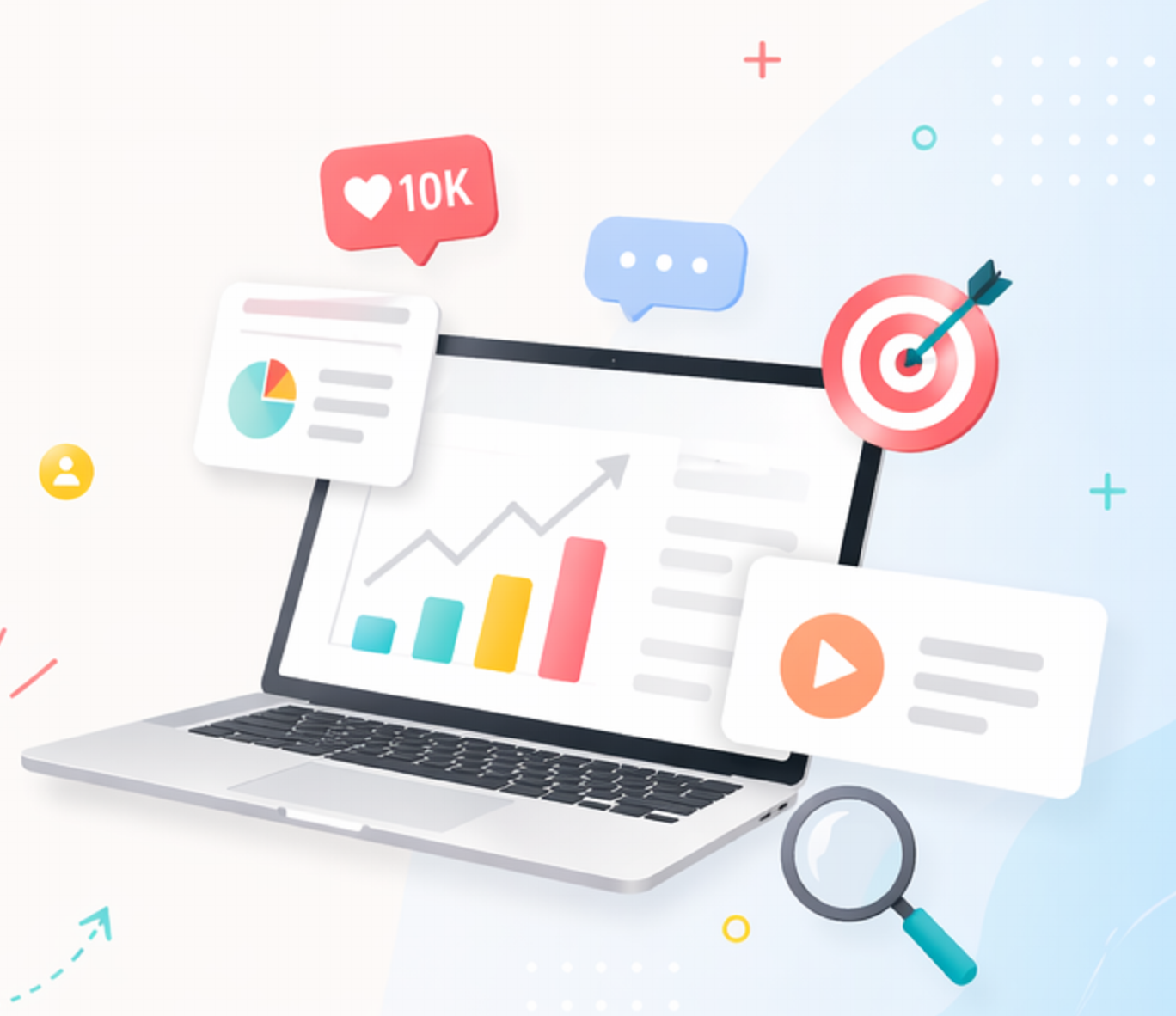 Digital marketing illustration with laptop, charts, target and engagement icons